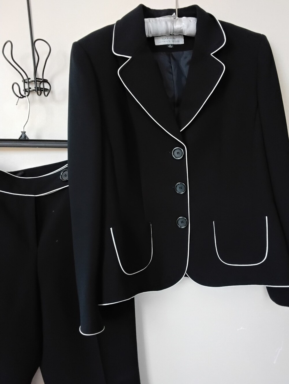 Tahari Black Two-Piece Suit with White Piping Pant Suit